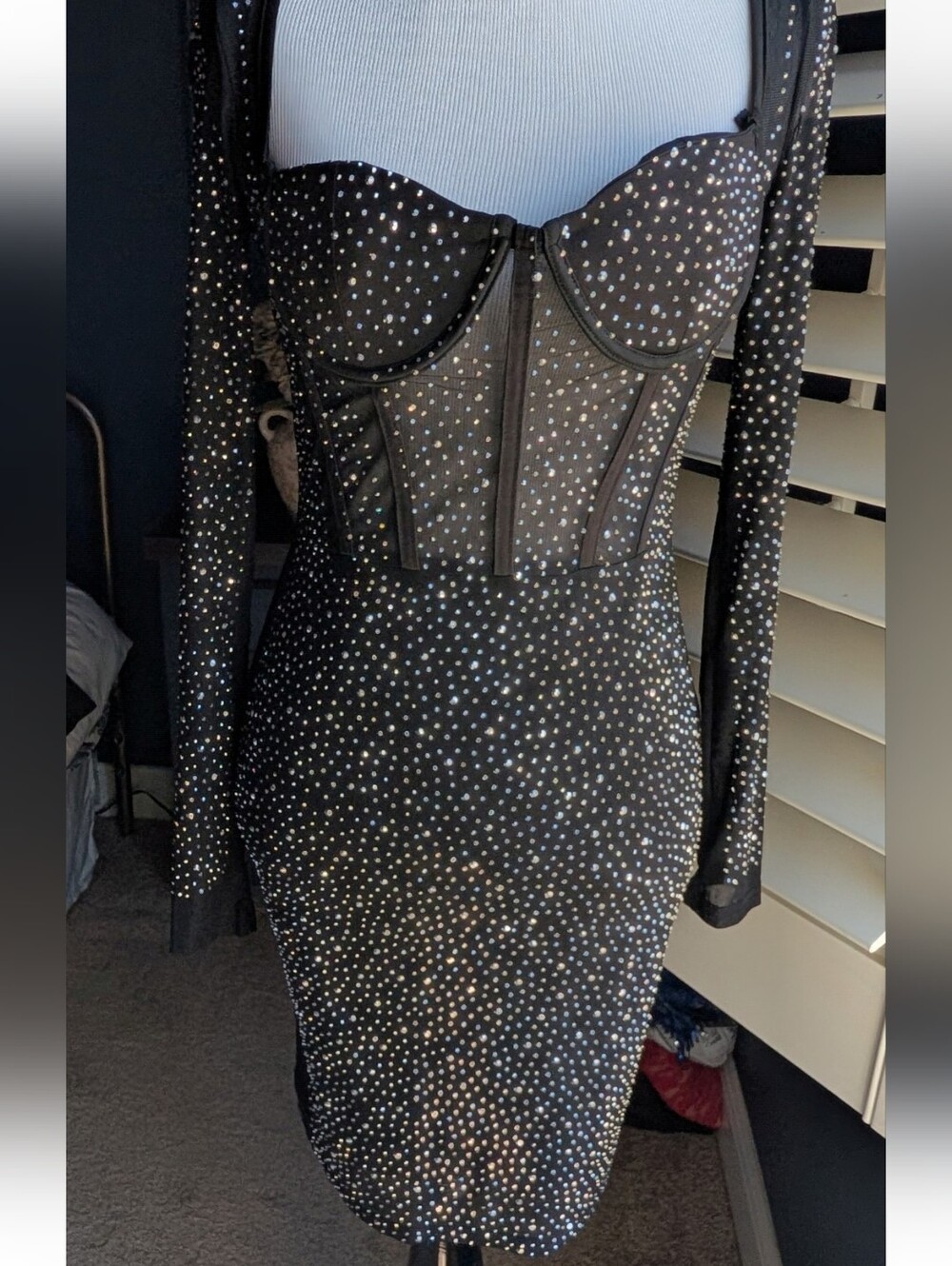Black Rhinestone Mesh Bustier Dress - Elegant Evening Wear